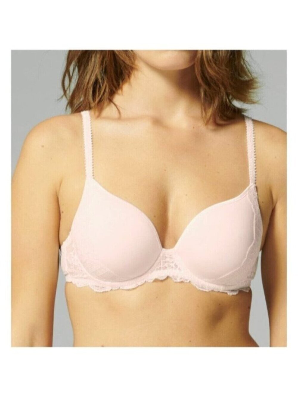 Simone Perele Paris 36E Underwire Bra Reve 3D Plunge Sakura Pink Lace Overlay